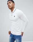 Replay Logo Long Sleeve Polo With Tipped Collar In White - White