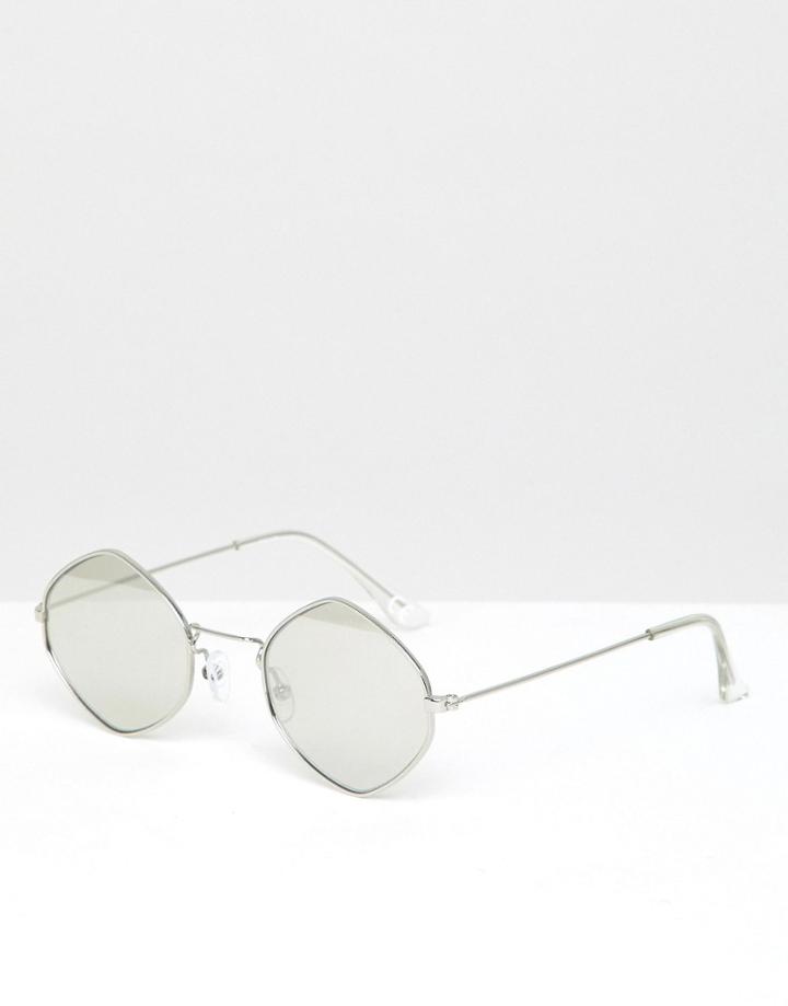 Asos Design Diamond Shaped Sunglasses In Silver With Silver Flash Lens - Silver