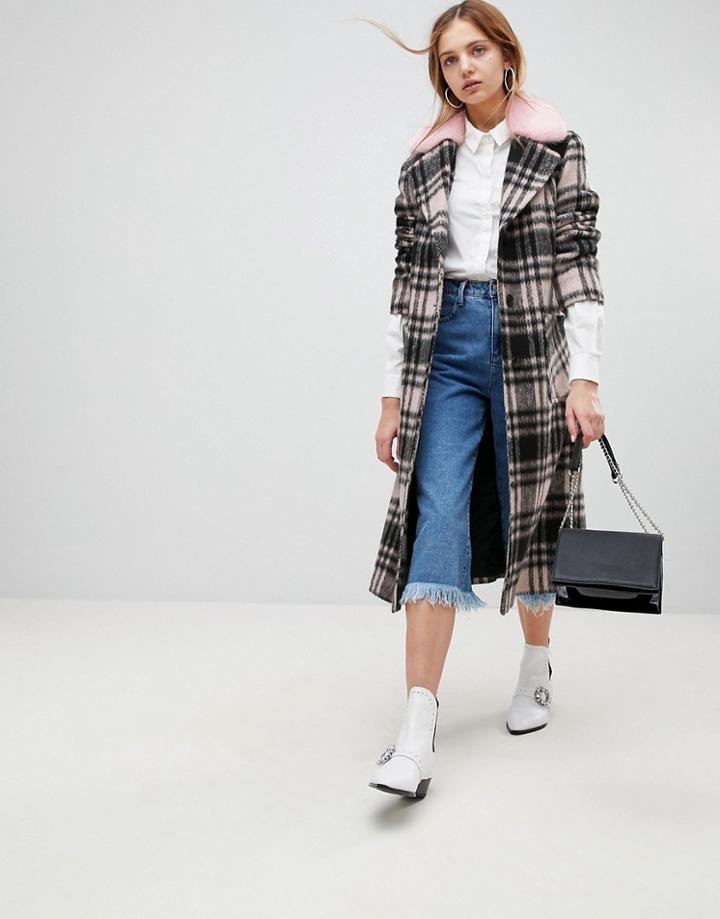 Helene Berman Wool Blend Longline Check Faux Fur Collar Coat - Black