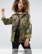 Milk It Vintage Military Jacket With Sequin Patches - Green