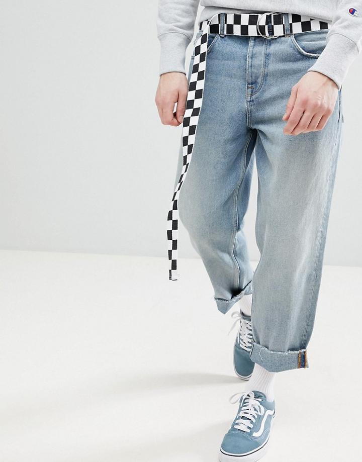 Asos Design Skater Jeans In Light Wash Blue With Checkerboard Belt - Blue