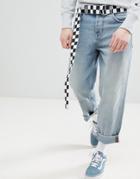 Asos Design Skater Jeans In Light Wash Blue With Checkerboard Belt - Blue
