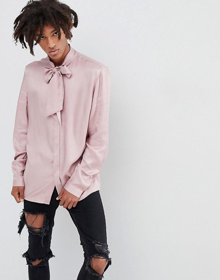 Asos Design Regular Fit Shirt With Pussy Bow In Pink - Pink