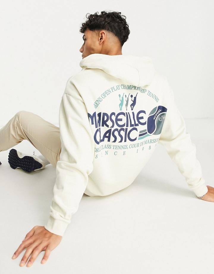 Asos Actual Oversized Hoodie With Front And Back Graphic Prints In Bone White-purple