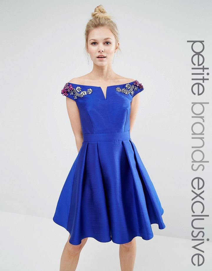 Little Mistress Petite Off Shoulder Bardot Mini Prom Dress With Floral Embellished Shoulders - Blue