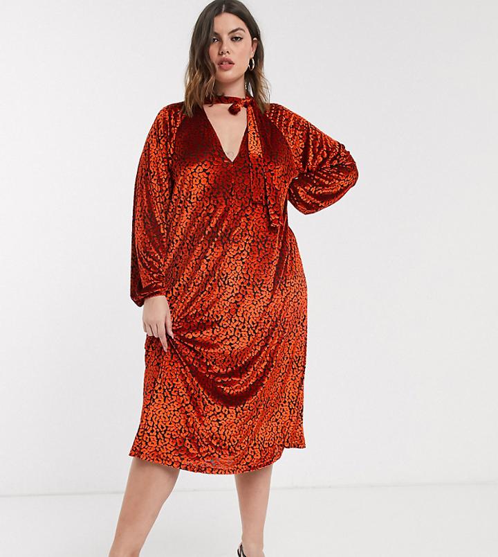 Asos Design Curve Animal Velvet Tie Neck Midi Dress In Red-multi