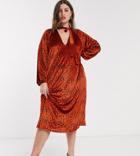 Asos Design Curve Animal Velvet Tie Neck Midi Dress In Red-multi