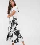Asos Design Tall Cow Print Satin Pleat Midi Skirt