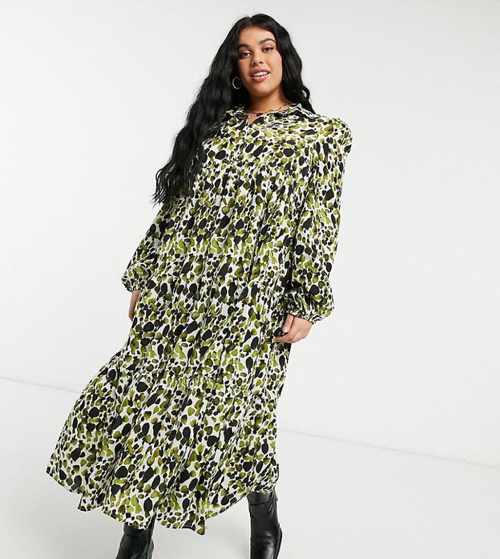 Never Fully Dressed Plus Tiered Smock Top Midi Dress In Green Smudge Print