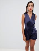 Closet London Wrap Pleated Romper - Navy