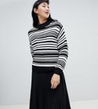 Monki Textured Crew Neck Stripe Sweater In Black And White