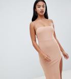 Boohoo Petite Strappy Thigh Split Midi Dress In Nude - Beige