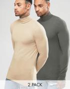 Asos Extreme Muscle Long Sleeve T-shirt With Roll Neck 2 Pack - Multi