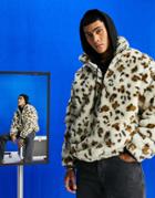 Asos Design Oversized Faux Fur Half Zip Sweatshirt In All Over Leopard Print-multi