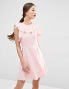 Asos Skater Dress With Ruffle Neck - Pink