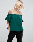 Asos Off Shoulder Top With Frill Sleeve - Green