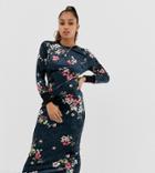 Asos Design Petite Printed Velvet City Maxi Dress With Open Back-multi