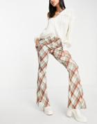 Topshop Highwaisted Bengaline Flared Pants With Side Splits In Check Print-multi