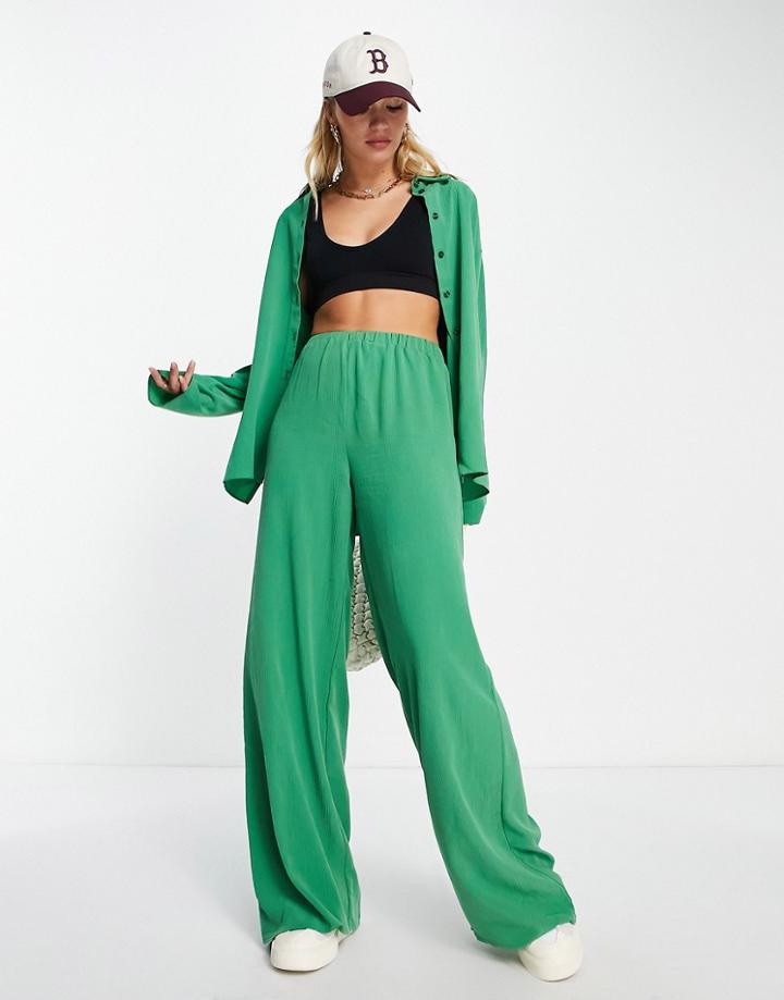 Topshop Premium Brushed Crinkle Wide Leg Pants In Green - Part Of A Set