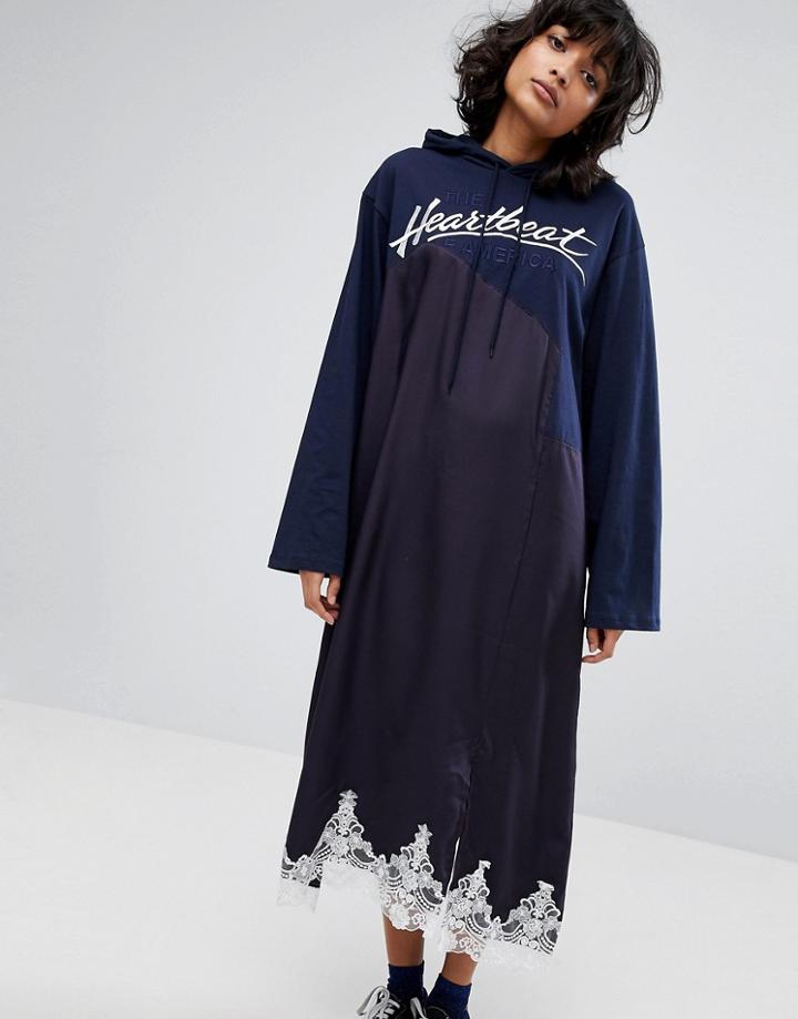 Stylenanda Hoodie Dress With Contrast Lace Hem - Navy