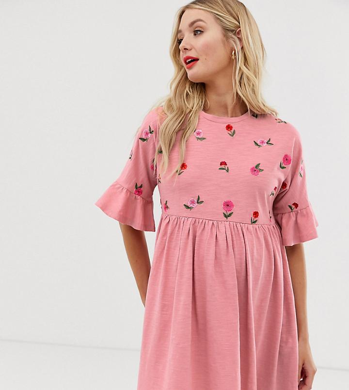 Asos Design Maternity Floral Embroidered Frill Sleeve Smock Dress - Pink