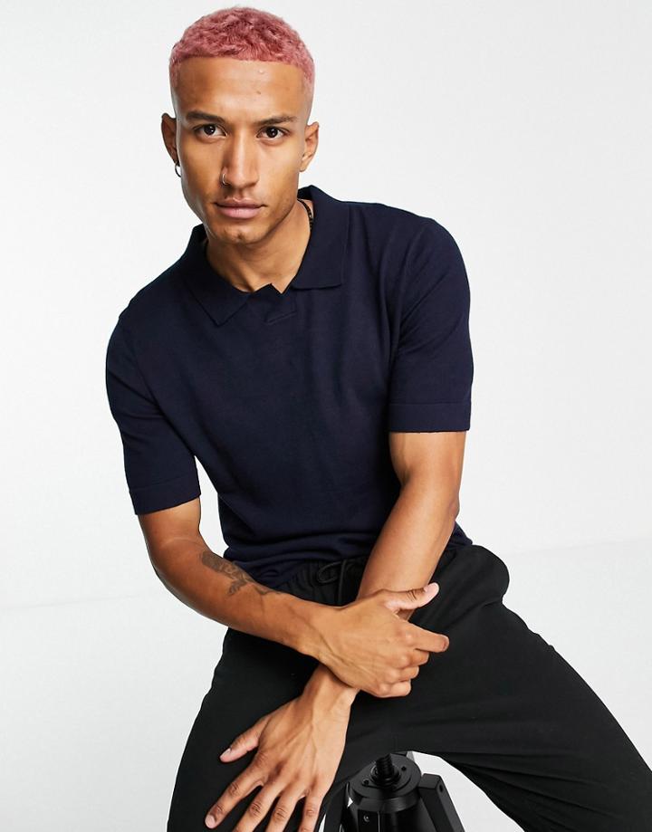 Rudie Short Sleeve Muscle Fit Knitted Sweater With Notch Neck-blues