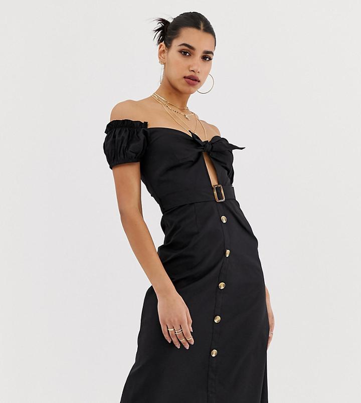 Boohoo Bardot Button Through Belted Midi Dress In Black - Black