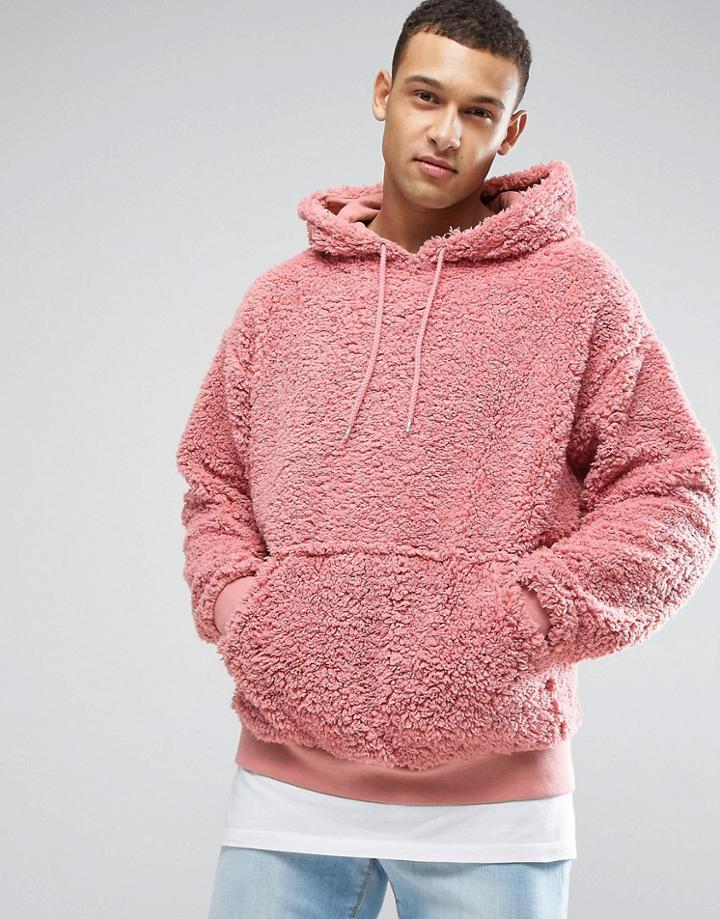 Asos Oversized Zip Through Hoodie In Borg - Pink
