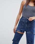 Asos Design Farleigh High Waist Slim Mom Jeans With Zip Utility Detail In Dark Stone Wash - Blue