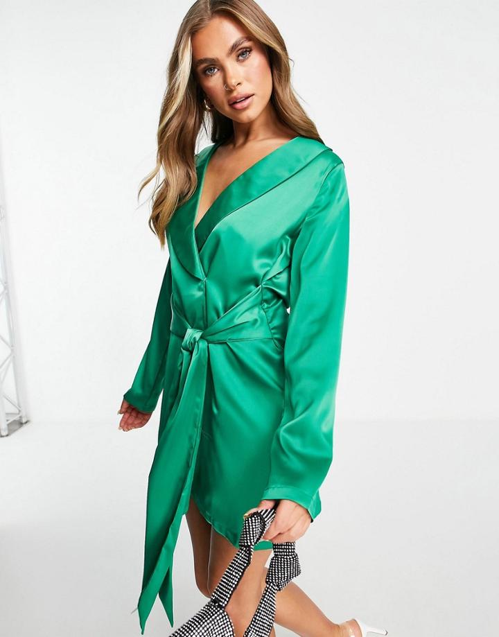 In The Style Tie Front Satin Blazer Dress In Emerald Green