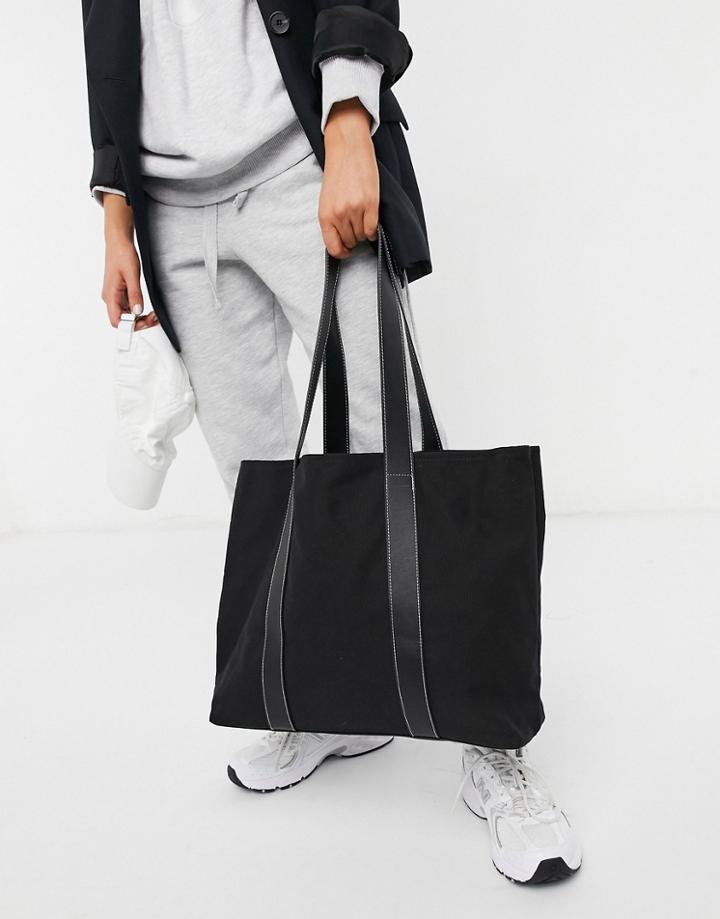 Asos Design Canvas Tote Bag With Leather-look Straps In Black