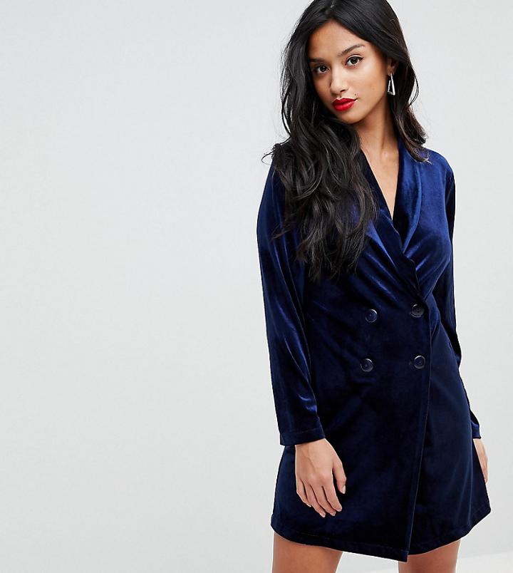 John Zack Petite Allover Velvet Tuxedo Dress-navy