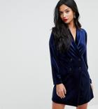 John Zack Petite Allover Velvet Tuxedo Dress-navy
