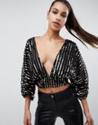 Asos Design Long Sleeve Sequin Top With Kimono Sleeves-black