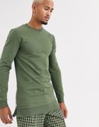Asos Design Muscle Longline Sweatshirt In Khaki With Silver Side Zips-green