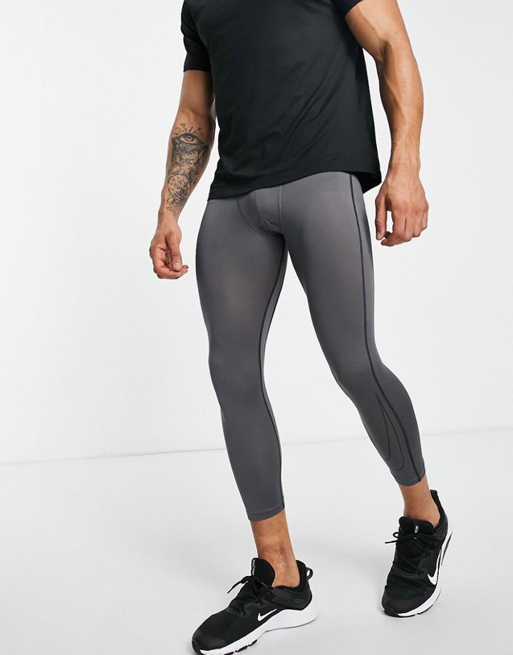 Nike Training Pro Swoosh Outline Graphic 3/4 Length Compression Leggings In Gray