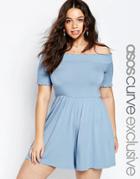 Asos Curve Bardot Romper With Sheering Detail - Blue