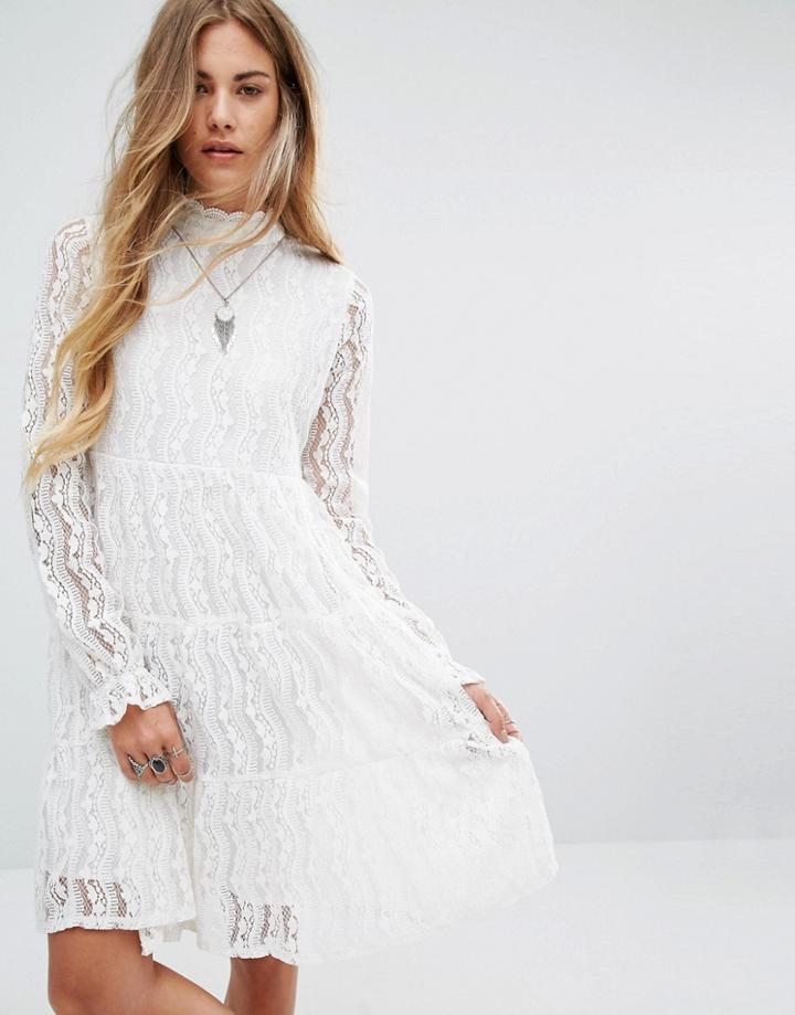 Navy London High Neck Smock Dress In Lace - White