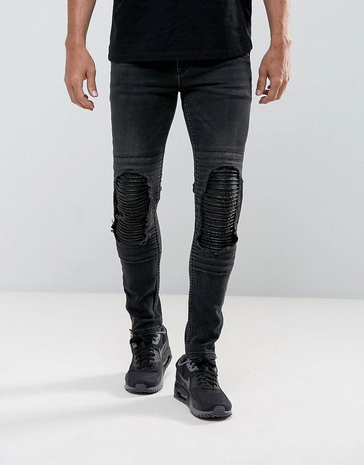 Asos Super Skinny Jeans In Washed Black Biker With Leather Look Rip And Repair - Black