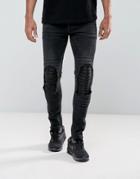 Asos Super Skinny Jeans In Washed Black Biker With Leather Look Rip And Repair - Black