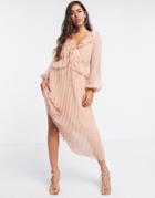 Asos Design Soft Pleated Midi Dress With Drawstring Waist And Frills In Blush-pink