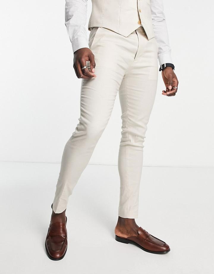 Asos Design Super Skinny Linen Mix Suit Pants In Stone-neutral