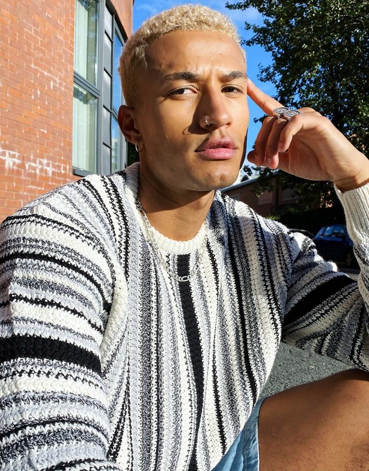 Asos Design Knitted Oversized Sweater With Monochrome Textured Stripes-black