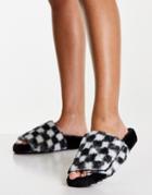 Topshop Checkerboard Faux Fur Mule Slippers In Monochrome-multi