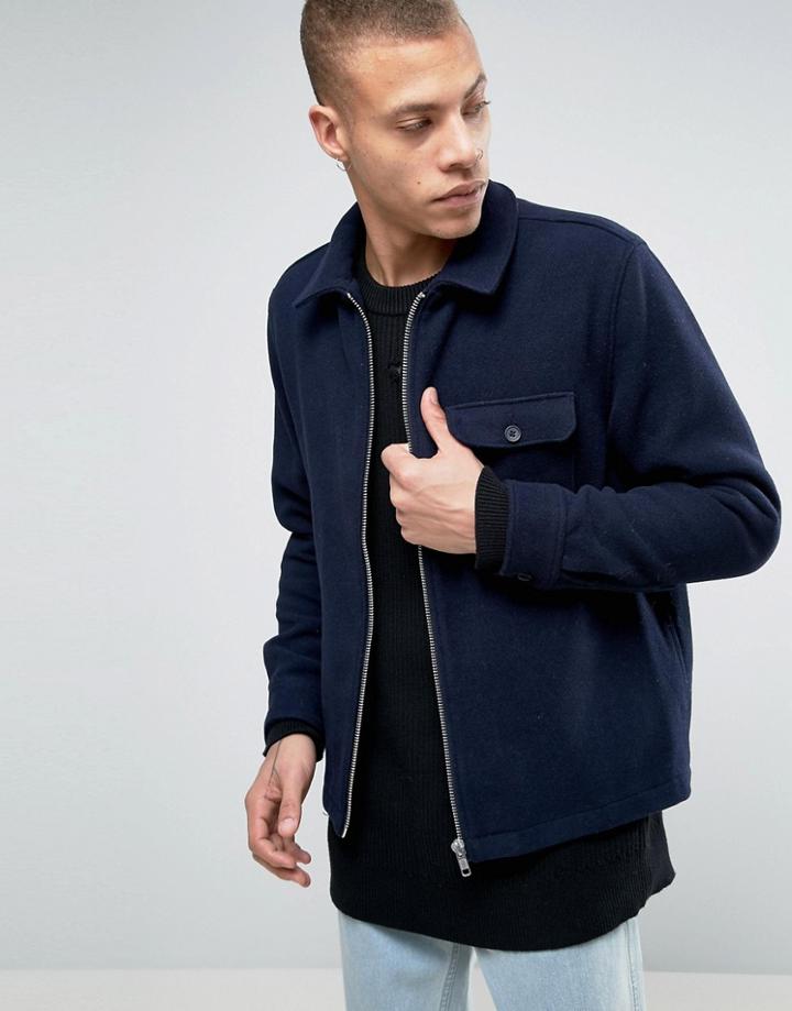 Weekday Greg Wool Overshirt Jacket 2 Pocket - Navy
