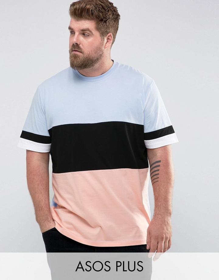 Asos Plus Longline T-shirt With Curved Hem And Color Block With Sleeve Stripes - Blue