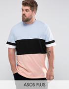 Asos Plus Longline T-shirt With Curved Hem And Color Block With Sleeve Stripes - Blue