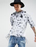 Asos Festival Oversized Short Sleeve T-shirt In Monochrome Tie-dye With Fringing - Gray