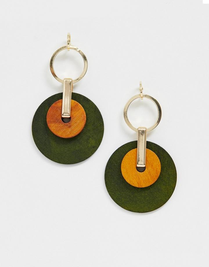 Asos Design Earrings With Open Circle Drop And Wooden Discs In Gold Tone - Gold