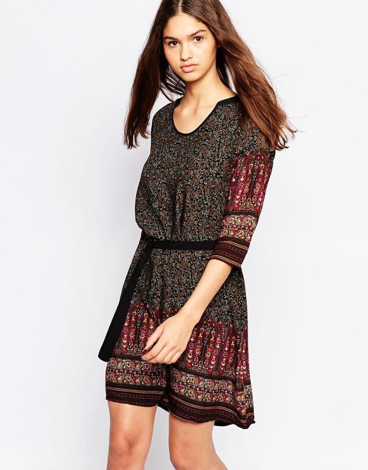 Brave Soul Folk Print Belted Dress